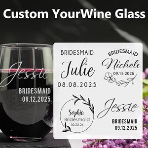 Personalized Bridal Party Wine Glasses  - Personalized Engraved Monogrammed Bridesmaids Wedding Glasses, for Bride and Maid of Honor
