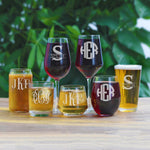 Personalized Glasses - Multiple Designs & Glass Types - Stemless Wine Glass, Pint, Shot and Beer Glasses - Engraved Initials Personalized