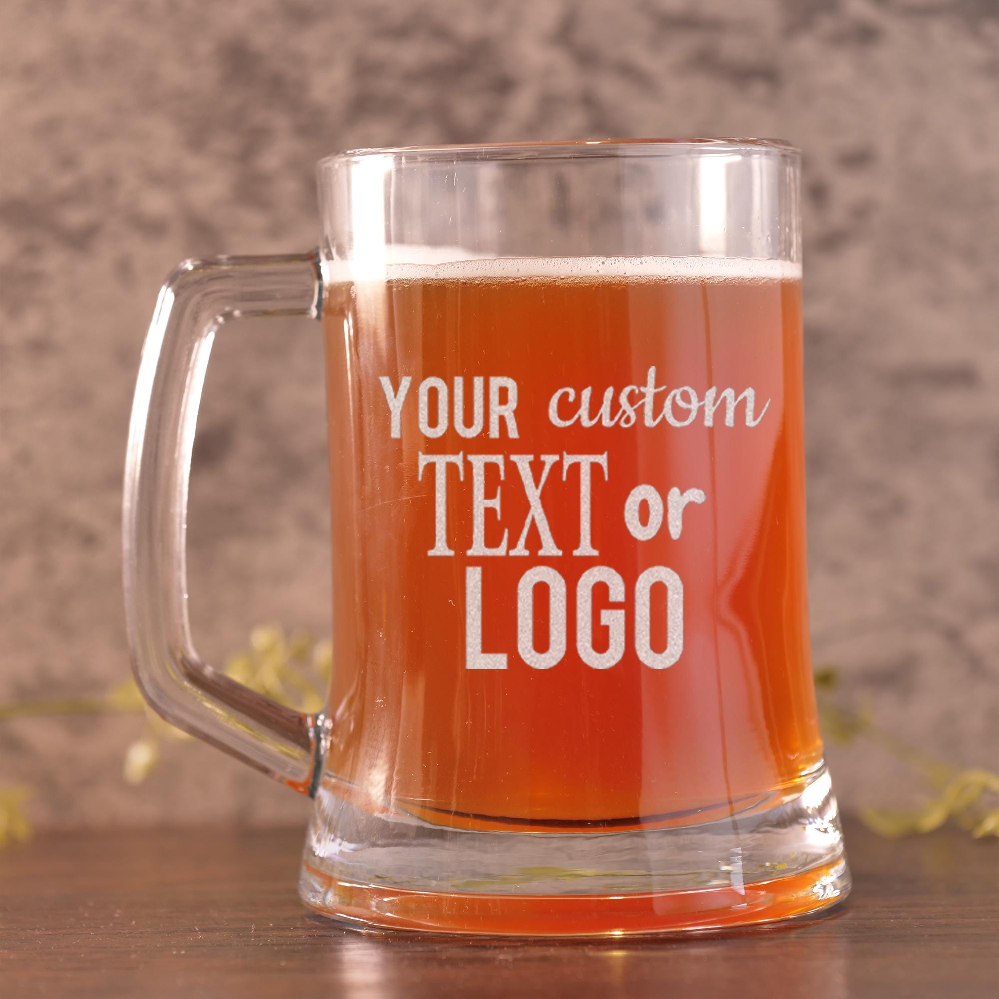 Custom Beer Mug Glass with Custom Text, Logo and Bulk Pricing