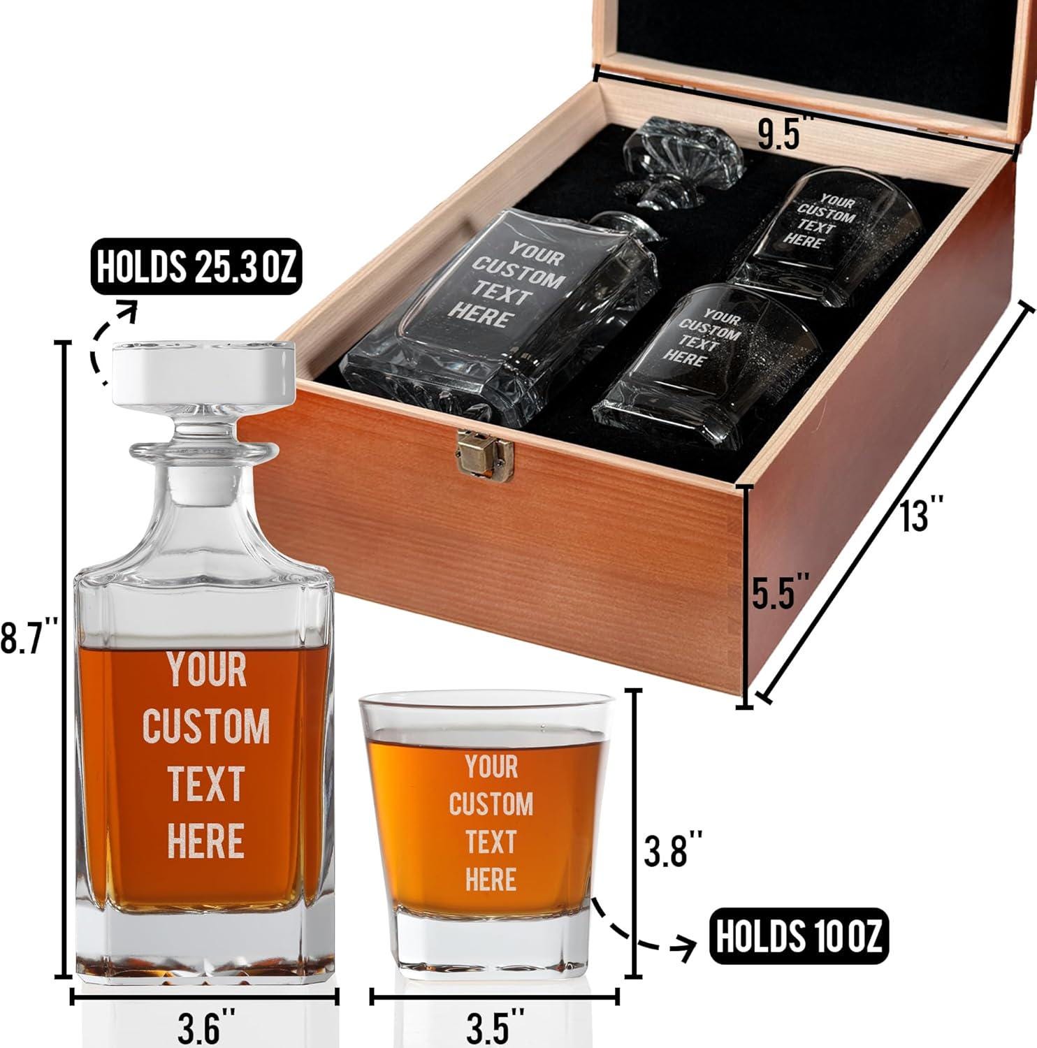 Custom Whiskey Decanter Set with Logo or Text, Custom Engraved Decanter with 2 Whiskey Glasses, Customized Gifts for Men, Birthday