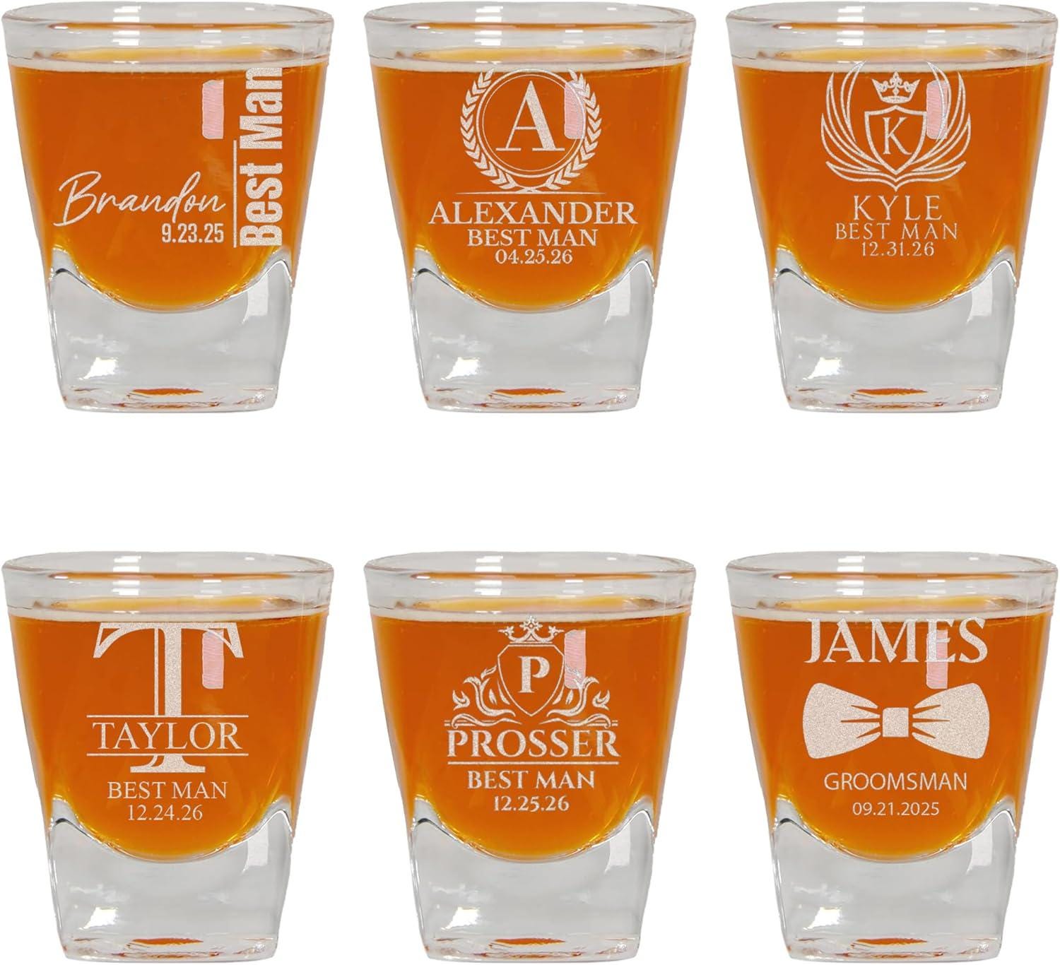 Personalized Shot Glass, Custom 2oz Groomsmen Drinking Glasses, Engraved Shot Glass Gift for Men, Wedding, Best Man, Groomsman Favors