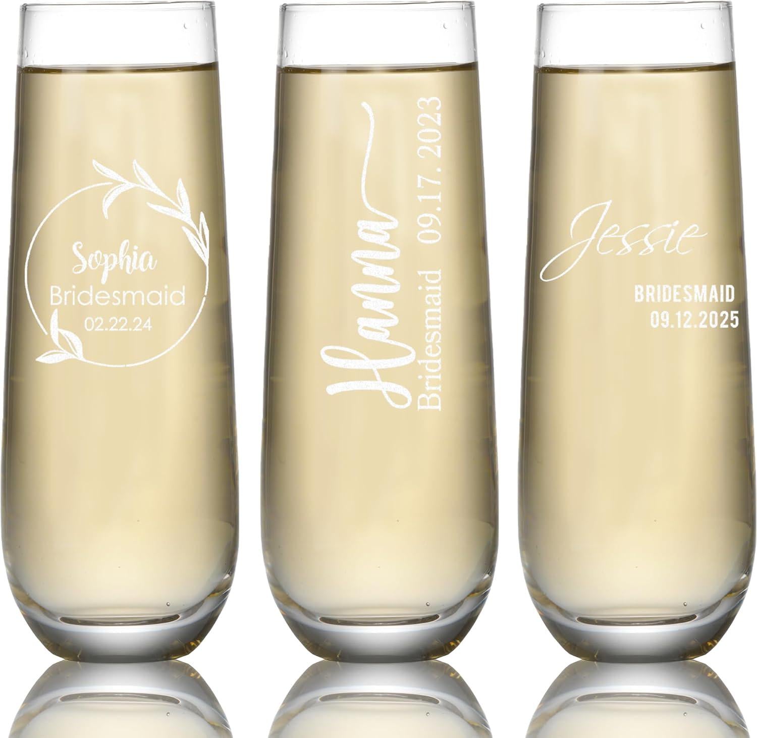 Personalized Bridal Party Champagne Flutes - Personalized Engraved Monogrammed Bridesmaids Wedding Glasses, for Bride and Maid of Honor