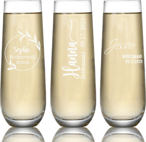 Personalized Bridal Party Champagne Flutes - Personalized Engraved Monogrammed Bridesmaids Wedding Glasses, for Bride and Maid of Honor
