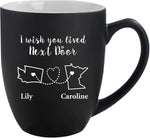 Never to Far Coffee Mug, Ceramic Mug for Long Distance Friends, Personalized Moving, Birthday, Get Together Gift, for Women, Friends, Cousin