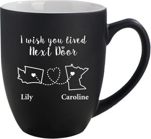 Never to Far Coffee Mug, Ceramic Mug for Long Distance Friends, Personalized Moving, Birthday, Get Together Gift, for Women, Friends, Cousin