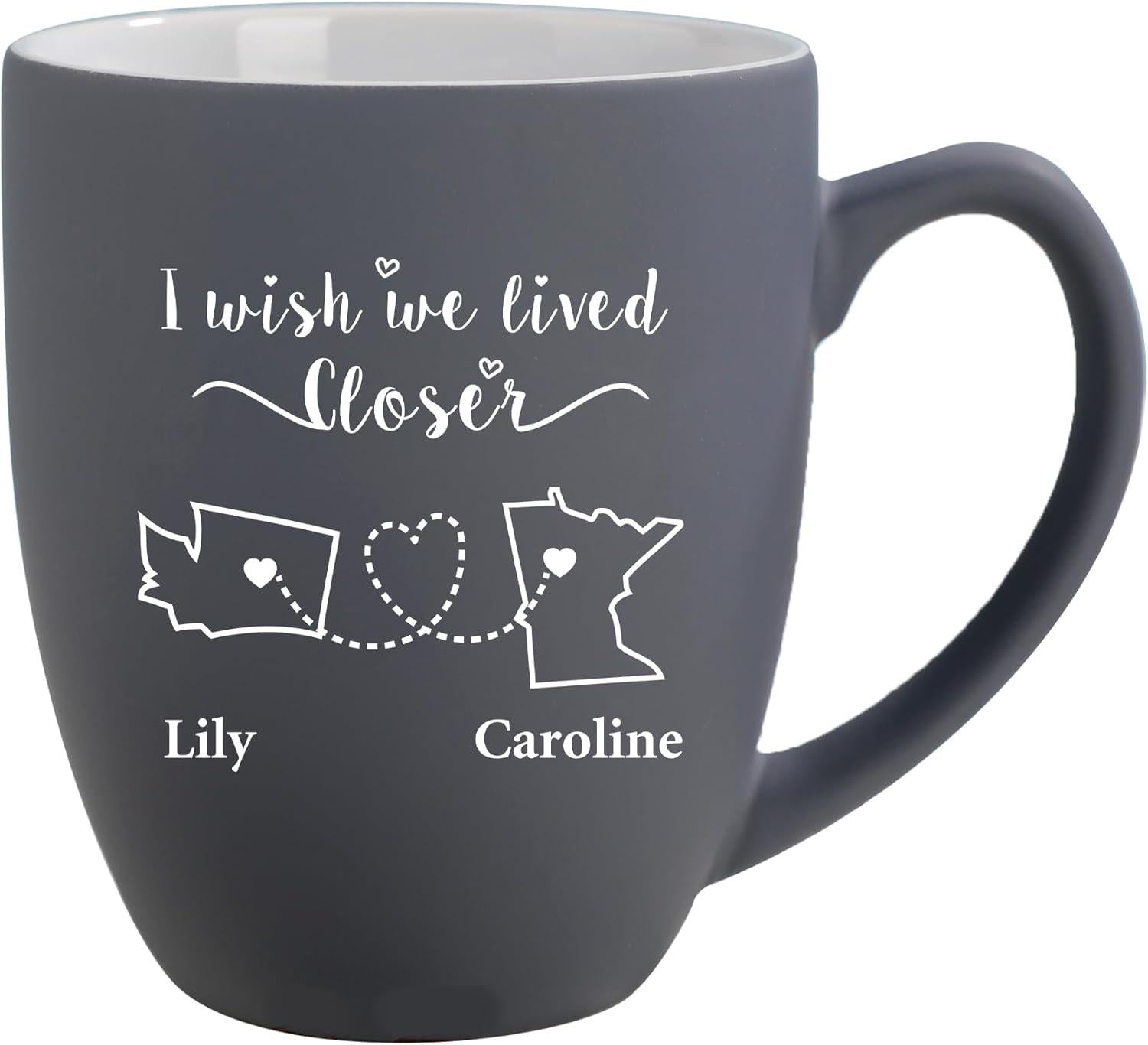 Never to Far Coffee Mug, Ceramic Mug for Long Distance Friends, Personalized Moving, Birthday, Get Together Gift, for Women, Friends, Cousin