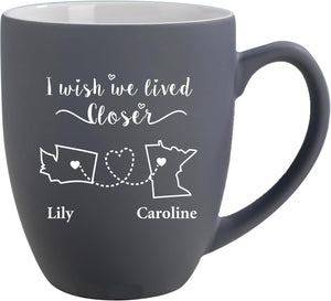 Never to Far Coffee Mug, Ceramic Mug for Long Distance Friends, Personalized Moving, Birthday, Get Together Gift, for Women, Friends, Cousin