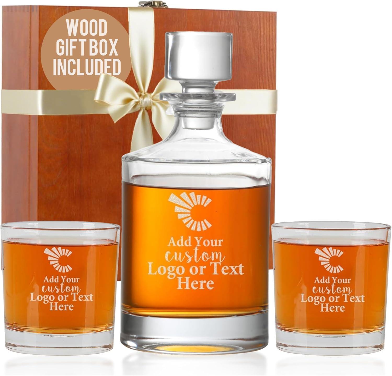 Custom Whiskey Decanter Set with Logo or Text, Custom Engraved Decanter with 2 Whiskey Glasses, Customized Gifts for Men, Birthday