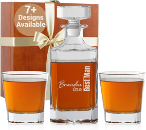 Groomsmen Whiskey Glasses or Decanter Set, Custom Best Man Gift for Wedding Favors, Best Man Proposal Gifts, and Bachelor Party